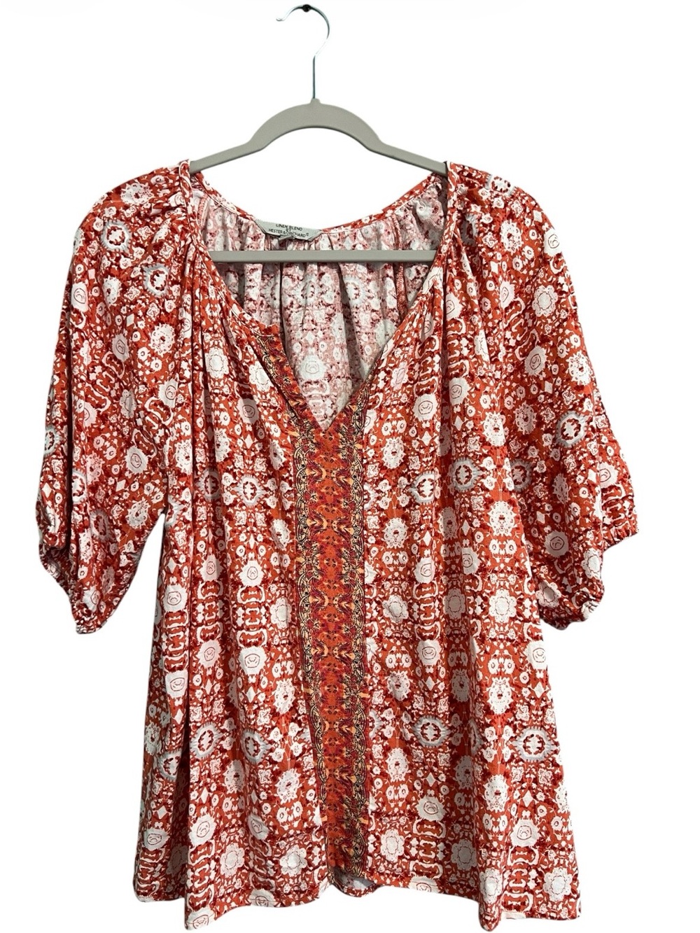 Hester & Orchard Womens Top XL Orange Floral Linen Blend Pullover Boho